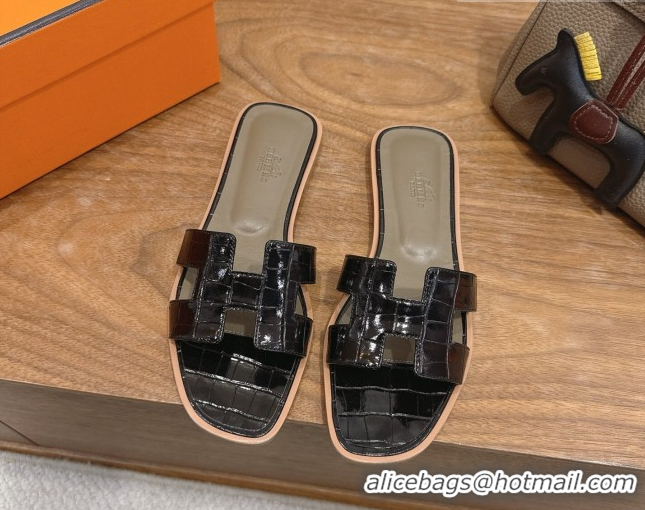 Best Price Hermes Oran Classic Flat Slides Sandal in Crocodile Embossed Leather Black 0304063