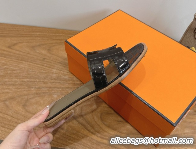Best Price Hermes Oran Classic Flat Slides Sandal in Crocodile Embossed Leather Black 0304063