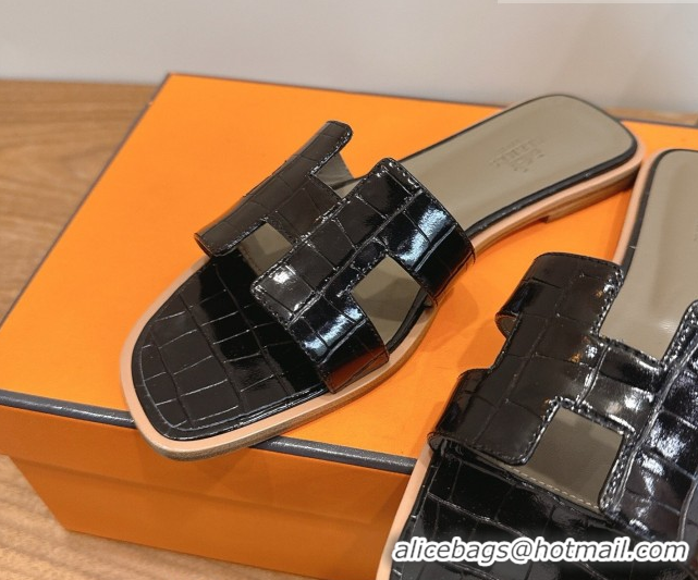 Best Price Hermes Oran Classic Flat Slides Sandal in Crocodile Embossed Leather Black 0304063