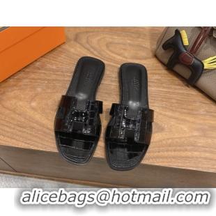 Purchase Hermes Oran Classic Flat Slides Sandal in Crocodile Embossed Leather All Black 0304064