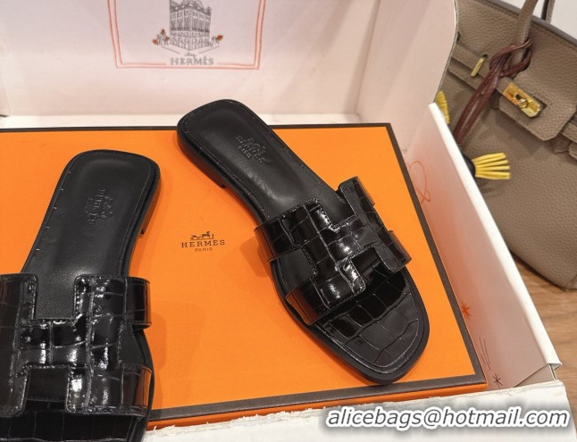 Purchase Hermes Oran Classic Flat Slides Sandal in Crocodile Embossed Leather All Black 0304064