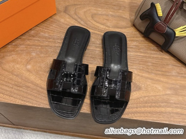 Purchase Hermes Oran Classic Flat Slides Sandal in Crocodile Embossed Leather All Black 0304064