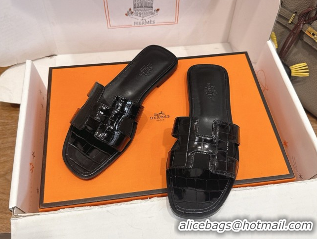 Purchase Hermes Oran Classic Flat Slides Sandal in Crocodile Embossed Leather All Black 0304064