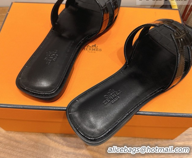 Purchase Hermes Oran Classic Flat Slides Sandal in Crocodile Embossed Leather All Black 0304064
