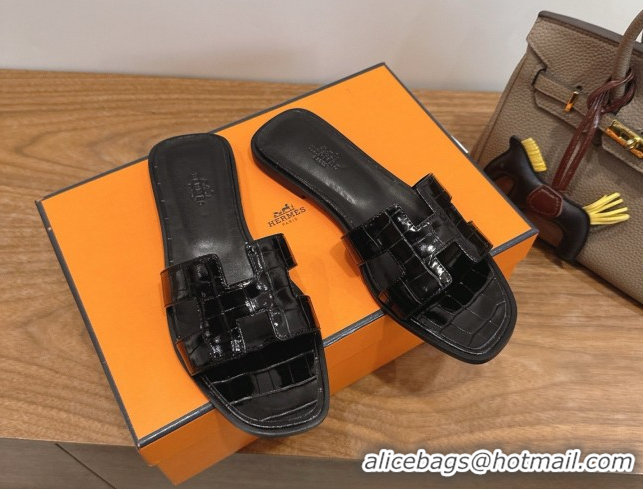 Purchase Hermes Oran Classic Flat Slides Sandal in Crocodile Embossed Leather All Black 0304064