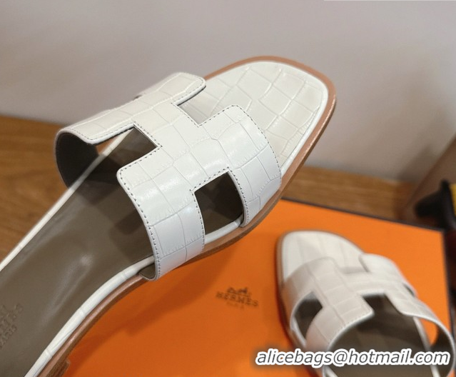 Charming Hermes Oran Classic Flat Slides Sandal in Crocodile Embossed Leather White 0304065