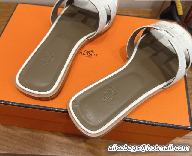 Charming Hermes Oran Classic Flat Slides Sandal in Crocodile Embossed Leather White 0304065