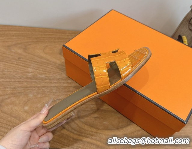 Charming Hermes Oran Classic Flat Slides Sandal in Crocodile Embossed Leather Orange Yellow 0304066