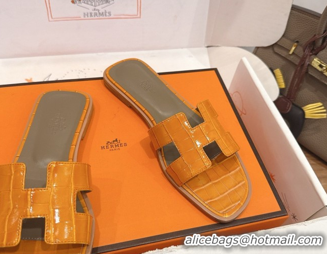 Charming Hermes Oran Classic Flat Slides Sandal in Crocodile Embossed Leather Orange Yellow 0304066