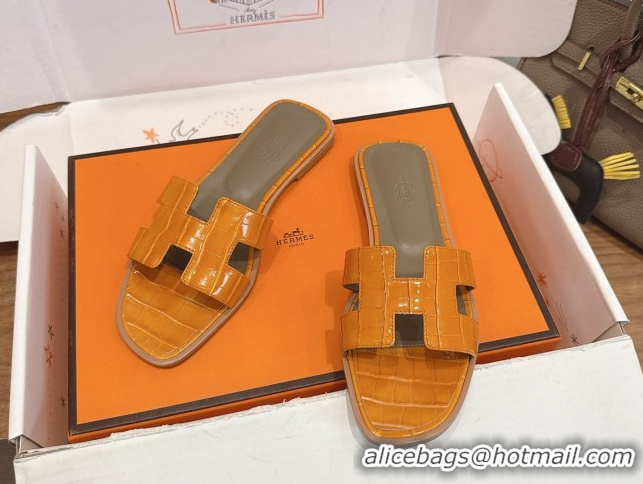 Charming Hermes Oran Classic Flat Slides Sandal in Crocodile Embossed Leather Orange Yellow 0304066