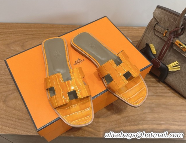 Charming Hermes Oran Classic Flat Slides Sandal in Crocodile Embossed Leather Orange Yellow 0304066