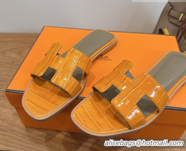 Charming Hermes Oran Classic Flat Slides Sandal in Crocodile Embossed Leather Orange Yellow 0304066