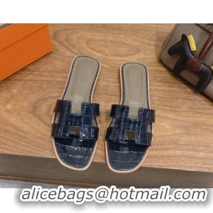 Sumptuous Hermes Oran Classic Flat Slides Sandal in Crocodile Embossed Leather Indigo Blue 0304067