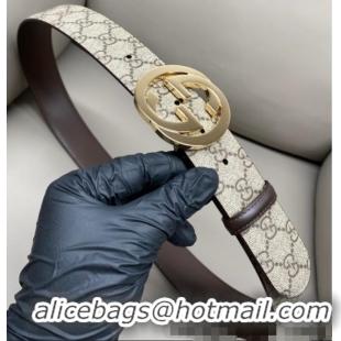 Good Product Gucci GG Supreme Canvas Belt 4cm with Gold Interlocking G Buckle GG011002 Beige/Brown 2025