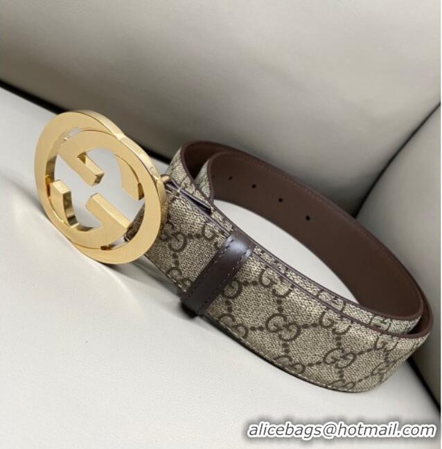 Good Product Gucci GG Supreme Canvas Belt 4cm with Gold Interlocking G Buckle GG011002 Beige/Brown 2025