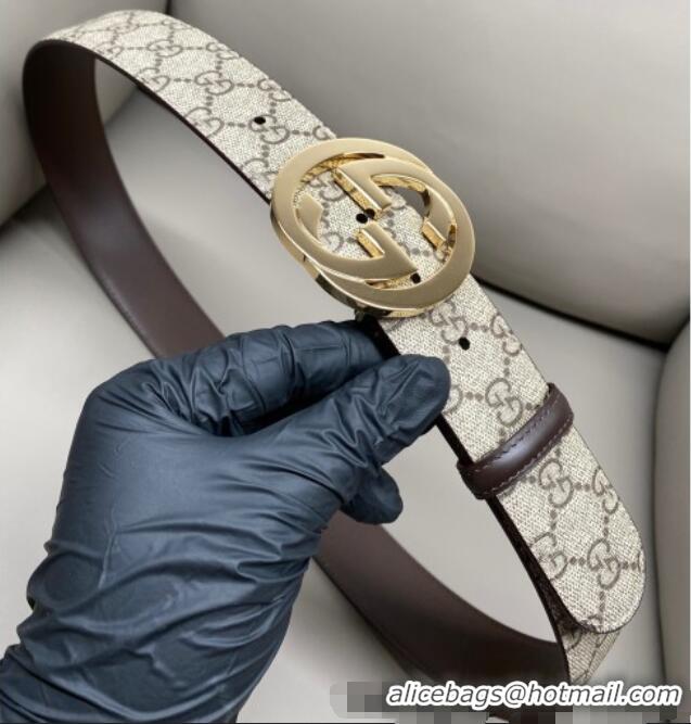 Good Product Gucci GG Supreme Canvas Belt 4cm with Gold Interlocking G Buckle GG011002 Beige/Brown 2025