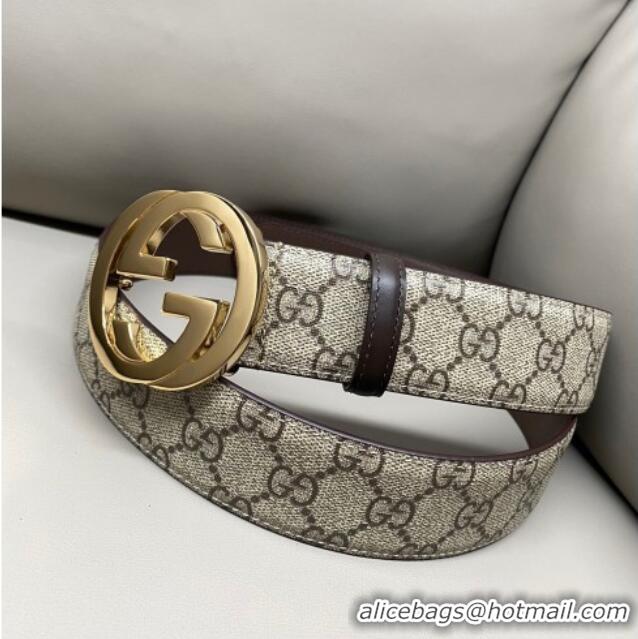 Good Product Gucci GG Supreme Canvas Belt 4cm with Gold Interlocking G Buckle GG011002 Beige/Brown 2025