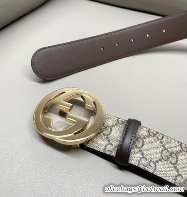 Good Product Gucci GG Supreme Canvas Belt 4cm with Gold Interlocking G Buckle GG011002 Beige/Brown 2025