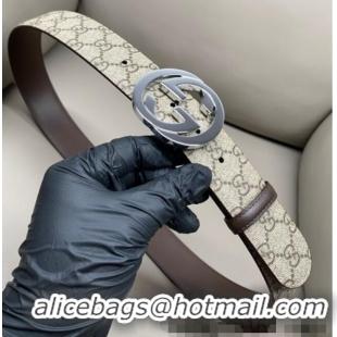 Promotional Gucci GG Supreme Canvas Belt 4cm with Silver Interlocking G Buckle GG011002 Beige/Brown 2025