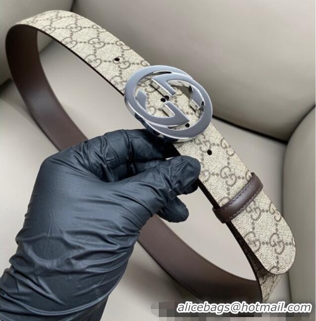 Promotional Gucci GG Supreme Canvas Belt 4cm with Silver Interlocking G Buckle GG011002 Beige/Brown 2025