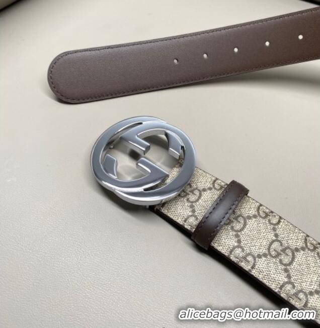 Promotional Gucci GG Supreme Canvas Belt 4cm with Silver Interlocking G Buckle GG011002 Beige/Brown 2025
