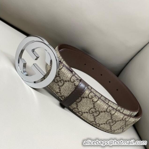Promotional Gucci GG Supreme Canvas Belt 4cm with Silver Interlocking G Buckle GG011002 Beige/Brown 2025