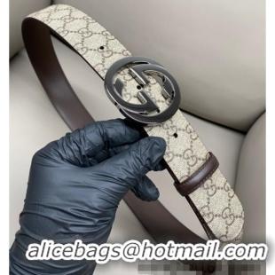 Shop Discount Gucci GG Supreme Canvas Belt 4cm with Gunmetal Interlocking G Buckle GG011002 Beige/Brown 2025