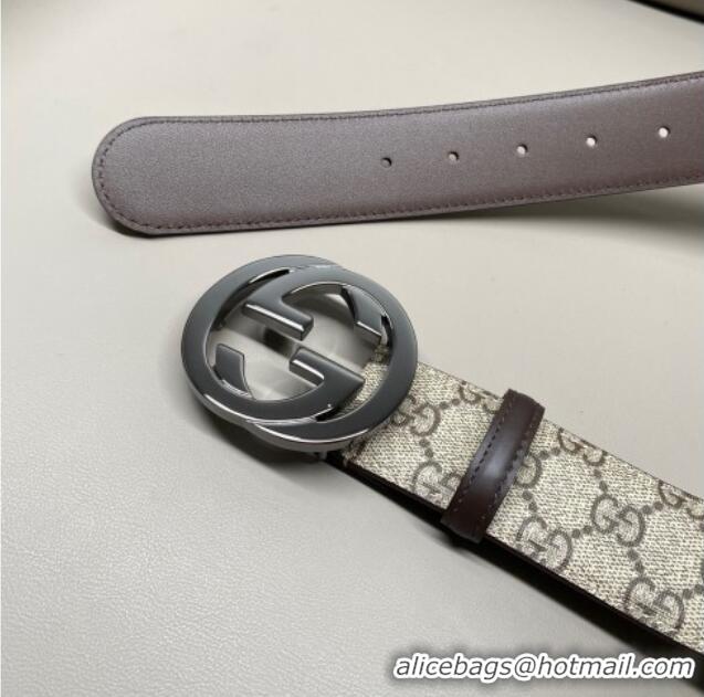 Shop Discount Gucci GG Supreme Canvas Belt 4cm with Gunmetal Interlocking G Buckle GG011002 Beige/Brown 2025