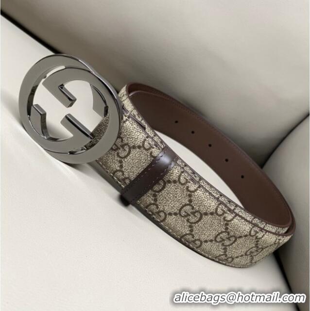 Shop Discount Gucci GG Supreme Canvas Belt 4cm with Gunmetal Interlocking G Buckle GG011002 Beige/Brown 2025