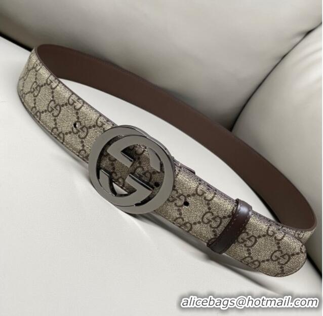 Shop Discount Gucci GG Supreme Canvas Belt 4cm with Gunmetal Interlocking G Buckle GG011002 Beige/Brown 2025