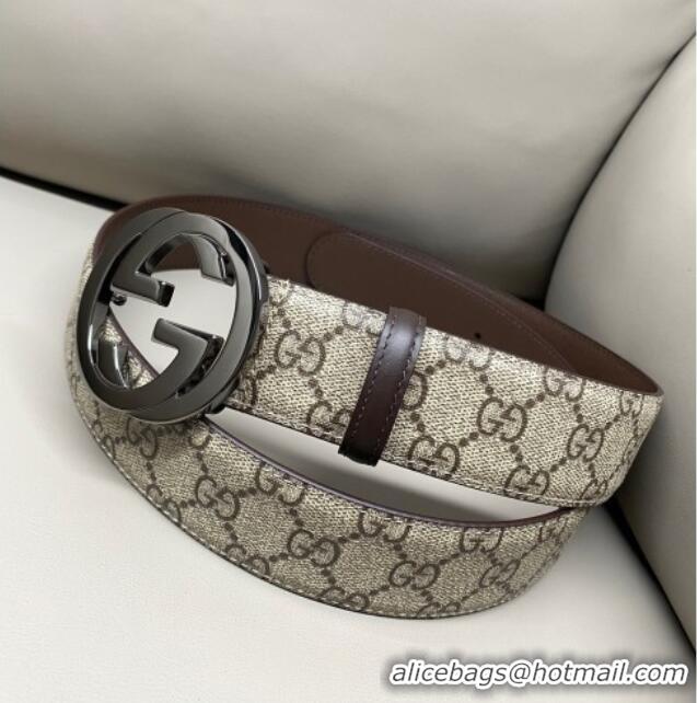Shop Discount Gucci GG Supreme Canvas Belt 4cm with Gunmetal Interlocking G Buckle GG011002 Beige/Brown 2025