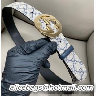 Promotional Gucci GG Supreme Canvas Belt 4cm with Gold Interlocking G Buckle GG011002 Beige/Blue 2025