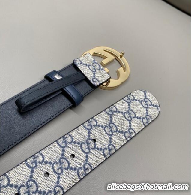 Promotional Gucci GG Supreme Canvas Belt 4cm with Gold Interlocking G Buckle GG011002 Beige/Blue 2025