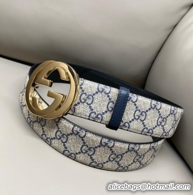 Promotional Gucci GG Supreme Canvas Belt 4cm with Gold Interlocking G Buckle GG011002 Beige/Blue 2025