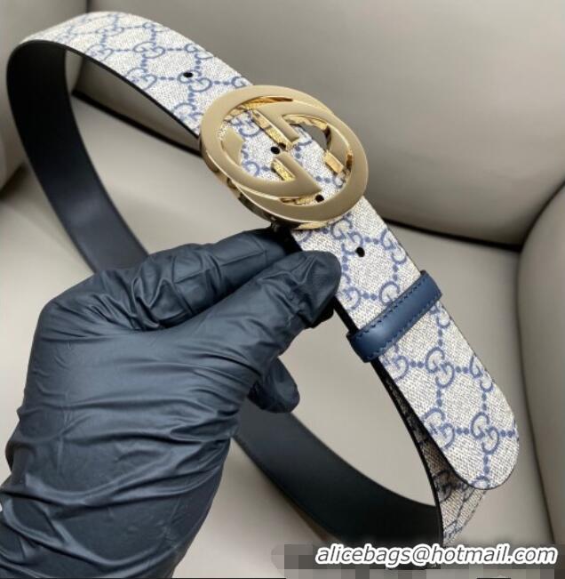 Promotional Gucci GG Supreme Canvas Belt 4cm with Gold Interlocking G Buckle GG011002 Beige/Blue 2025