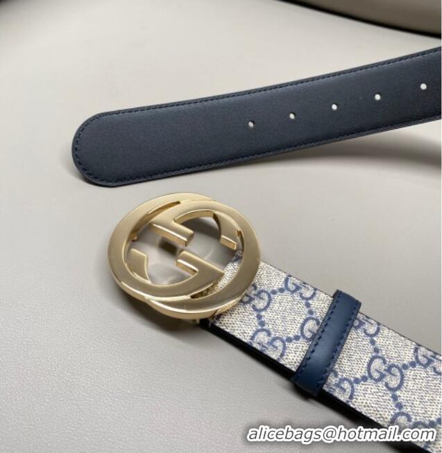 Promotional Gucci GG Supreme Canvas Belt 4cm with Gold Interlocking G Buckle GG011002 Beige/Blue 2025