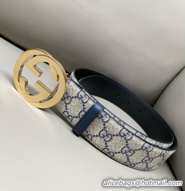 Promotional Gucci GG Supreme Canvas Belt 4cm with Gold Interlocking G Buckle GG011002 Beige/Blue 2025