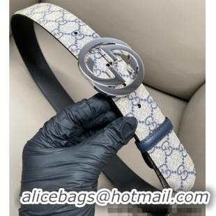 Promotional Gucci GG Supreme Canvas Belt 4cm with Interlocking G Buckle GG011002 Beige/Blue Silver 2025