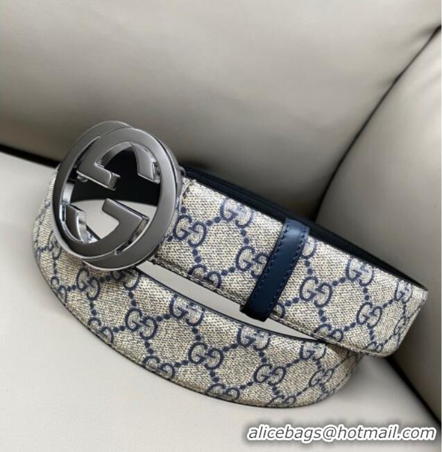 Promotional Gucci GG Supreme Canvas Belt 4cm with Interlocking G Buckle GG011002 Beige/Blue Silver 2025
