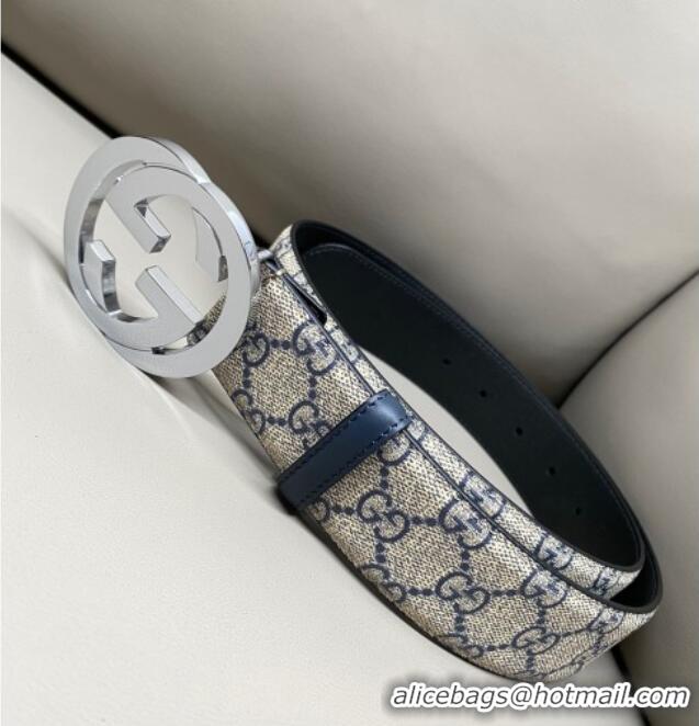 Promotional Gucci GG Supreme Canvas Belt 4cm with Interlocking G Buckle GG011002 Beige/Blue Silver 2025