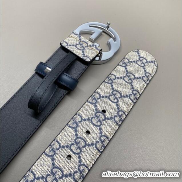 Promotional Gucci GG Supreme Canvas Belt 4cm with Interlocking G Buckle GG011002 Beige/Blue Silver 2025