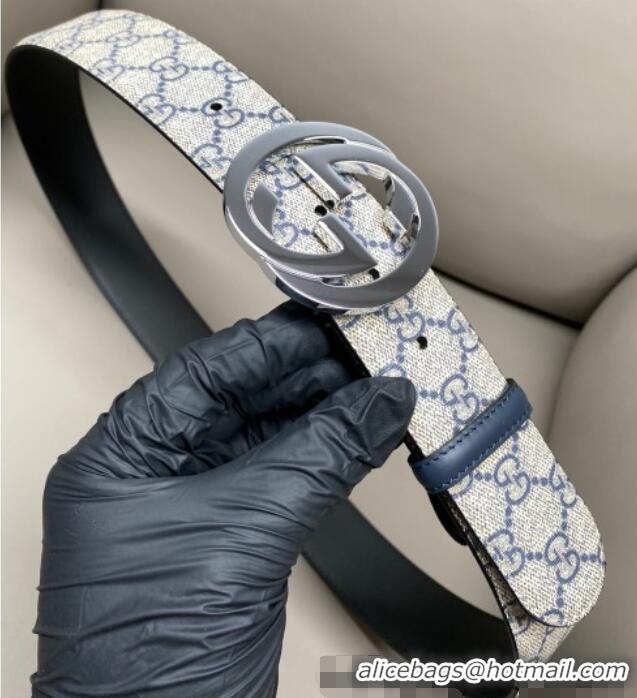 Promotional Gucci GG Supreme Canvas Belt 4cm with Interlocking G Buckle GG011002 Beige/Blue Silver 2025