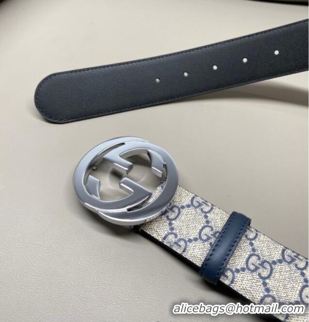 Promotional Gucci GG Supreme Canvas Belt 4cm with Interlocking G Buckle GG011002 Beige/Blue Silver 2025