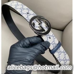 Buy Fashionable Gucci GG Supreme Canvas Belt 4cm with Gunmetal Interlocking G Buckle GG011002 Beige/Blue 2025