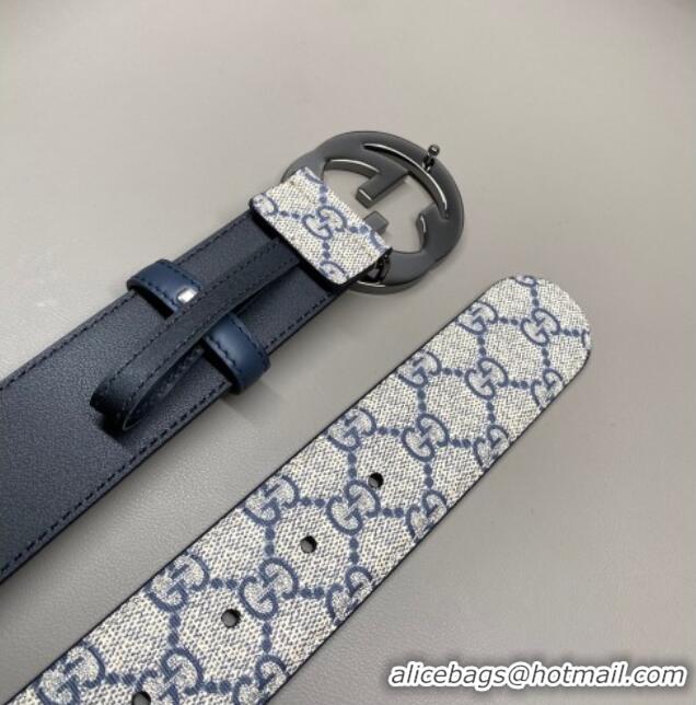 Buy Fashionable Gucci GG Supreme Canvas Belt 4cm with Gunmetal Interlocking G Buckle GG011002 Beige/Blue 2025
