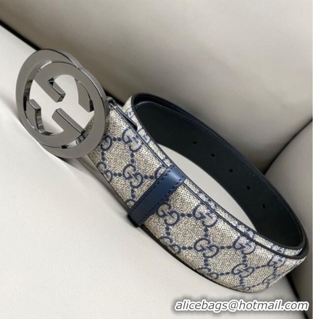 Buy Fashionable Gucci GG Supreme Canvas Belt 4cm with Gunmetal Interlocking G Buckle GG011002 Beige/Blue 2025