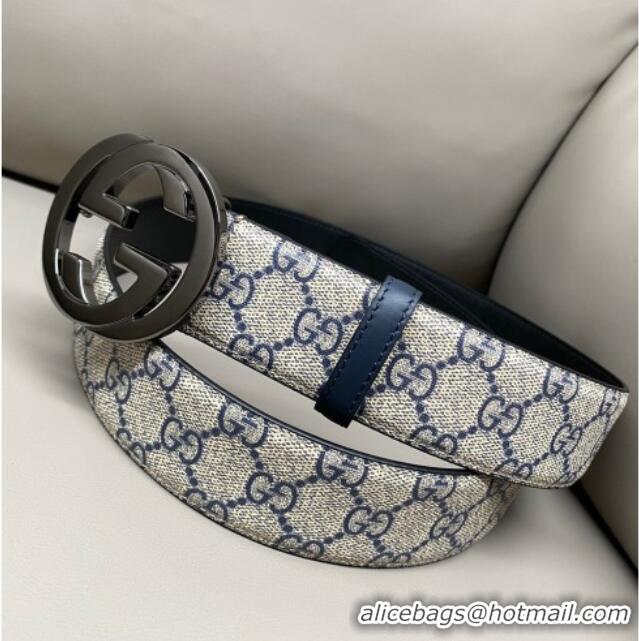Buy Fashionable Gucci GG Supreme Canvas Belt 4cm with Gunmetal Interlocking G Buckle GG011002 Beige/Blue 2025