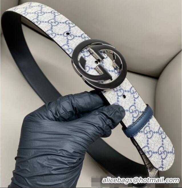 Buy Fashionable Gucci GG Supreme Canvas Belt 4cm with Gunmetal Interlocking G Buckle GG011002 Beige/Blue 2025
