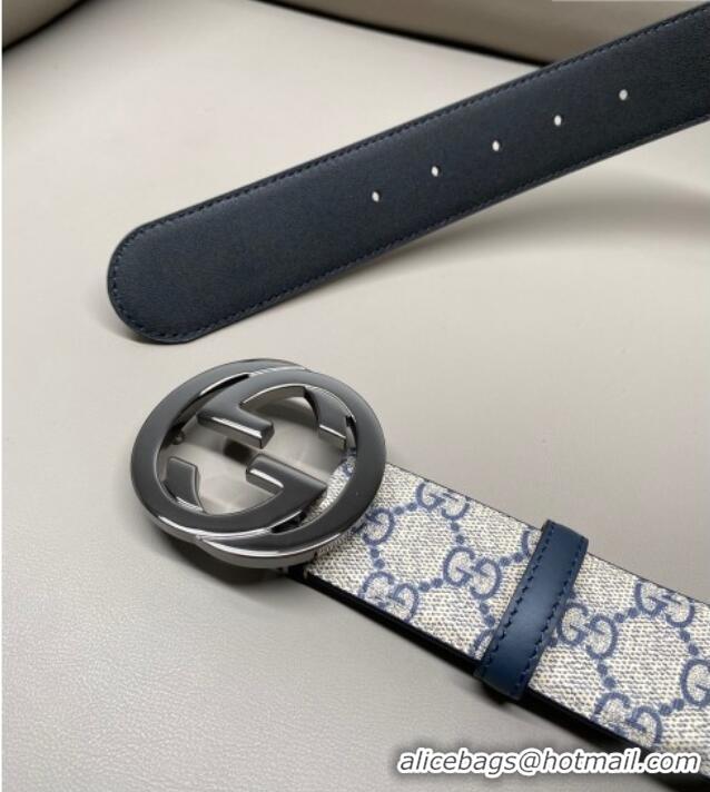Buy Fashionable Gucci GG Supreme Canvas Belt 4cm with Gunmetal Interlocking G Buckle GG011002 Beige/Blue 2025