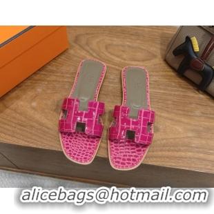 Best Grade Hermes Oran Classic Flat Slides Sandal in Crocodile Embossed Leather Dark Pink 0304070